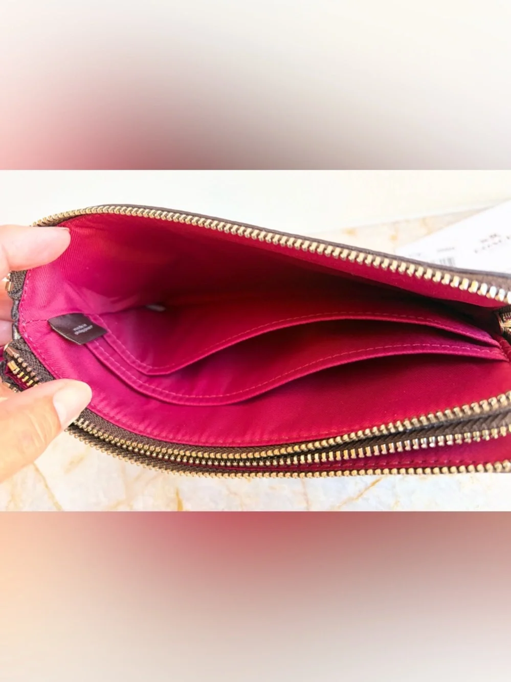 New COACH Signature Double Zip Wristlet Wallet w/ Magenta Pink Leather $175